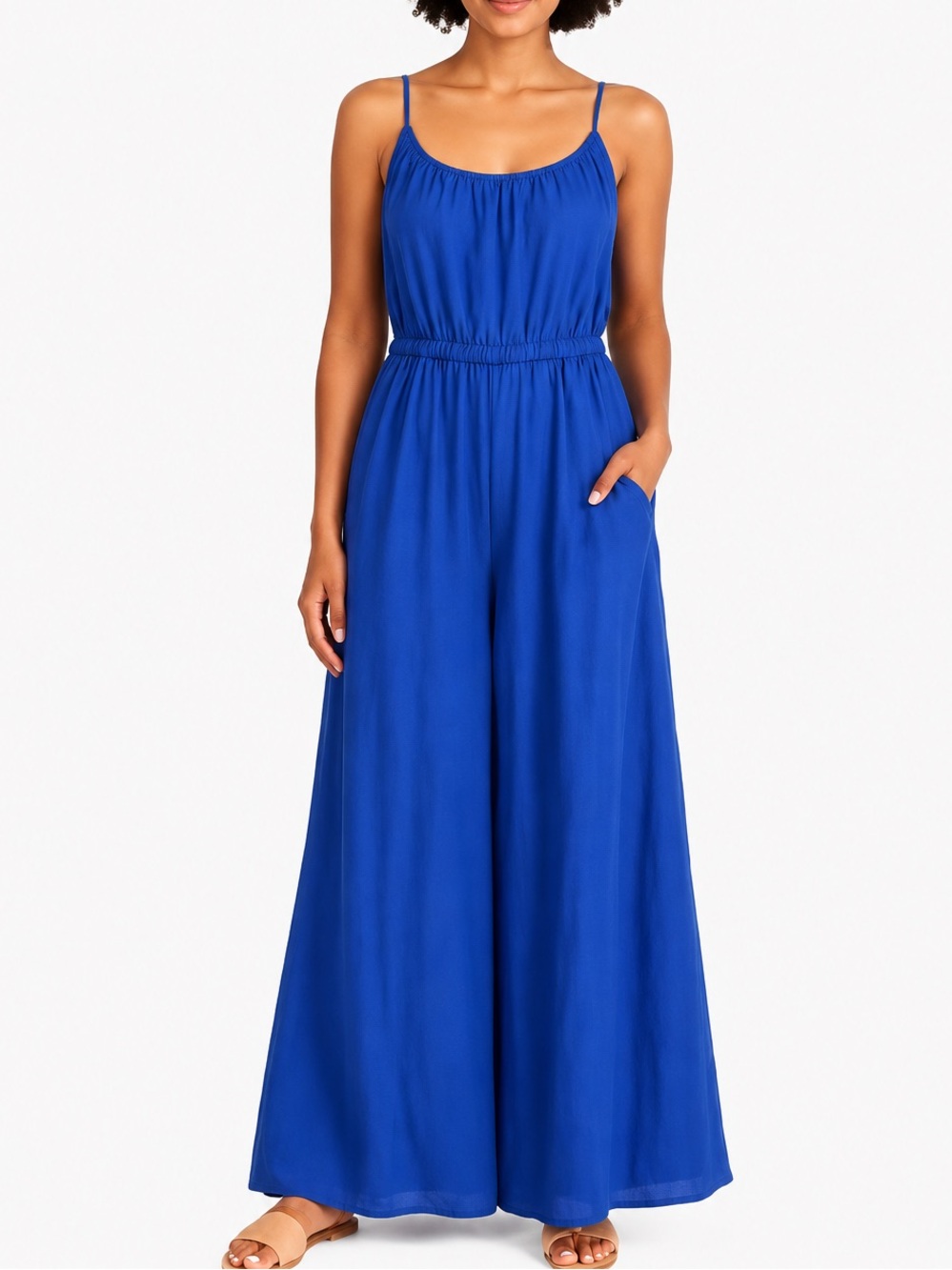 Haute Hippie Blue Linen Blend Wide Leg Maxi Jumpsuit XL Spaghetti Strap